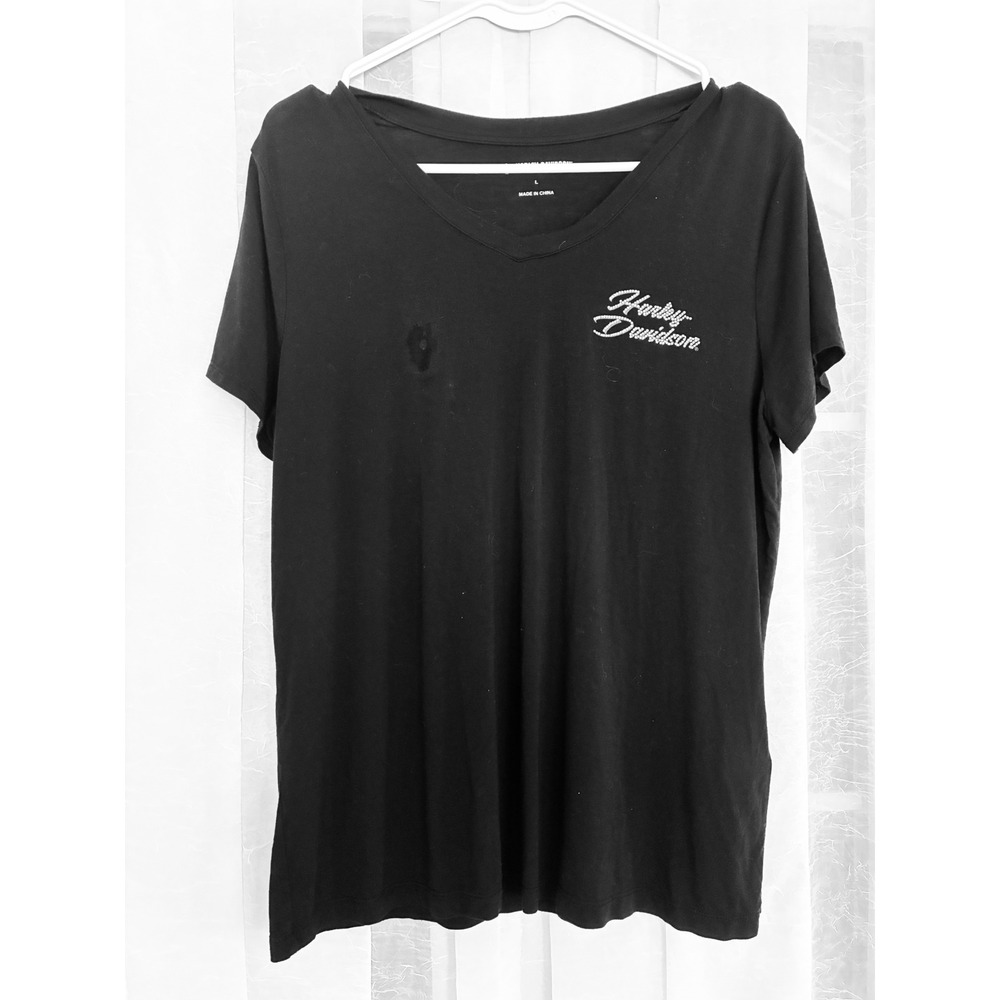 Harley-Davidson Womens Black Rhinestone Rose Graphic V-Neck T-Shirt Large